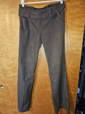 Guess Women's Brown Plaid Trousers with Belted Waist